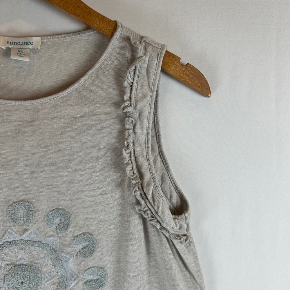 Sundance Womens XS Linen Embroidered Medallion Ruffle Tank Top Oatmeal Gray - Picture 7 of 8